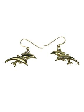 14K Gold Filled Yellow Gold Dolphin Dangle Earrings Ocean Nautical Sea Fish 3gr